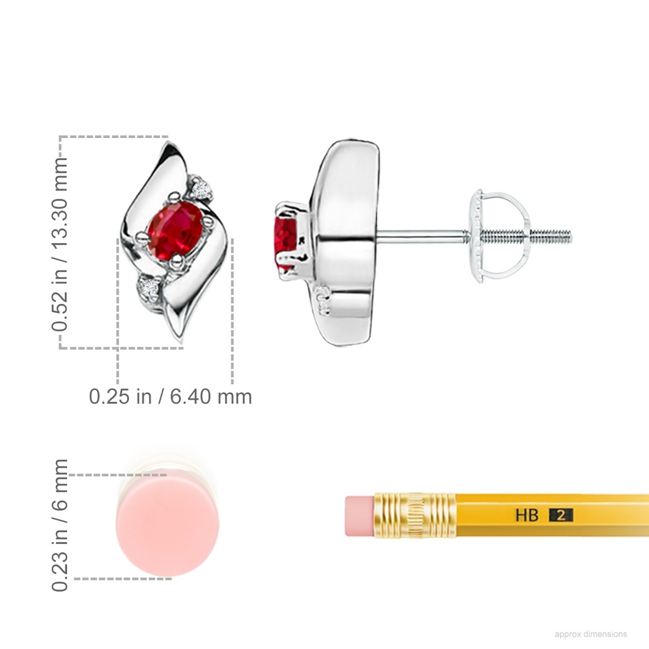 4x3mm AAA Oval Ruby and Diamond Shell Stud Earrings in 18K White Gold ruler