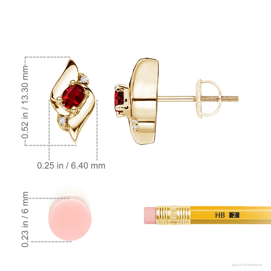 4x3mm AAAA Oval Ruby and Diamond Shell Stud Earrings in 18K Yellow Gold ruler