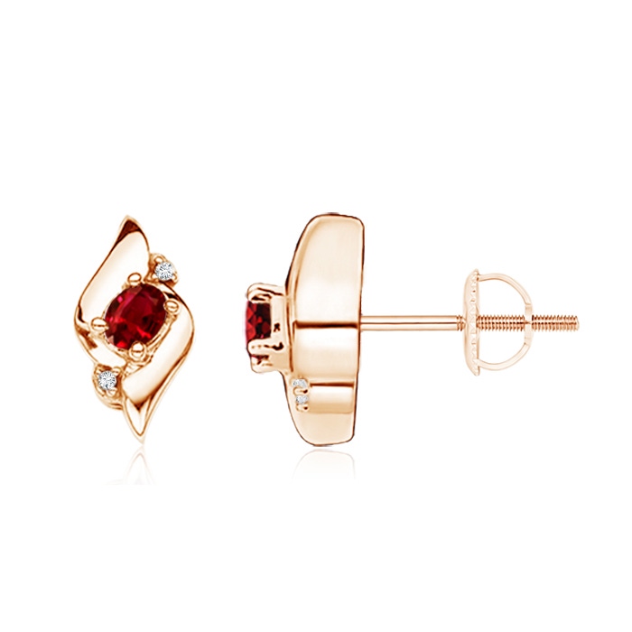 4x3mm AAAA Oval Ruby and Diamond Shell Stud Earrings in Rose Gold 