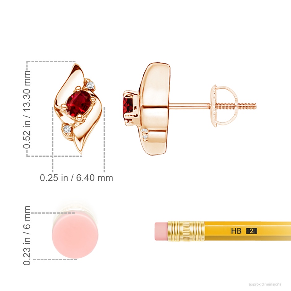4x3mm AAAA Oval Ruby and Diamond Shell Stud Earrings in Rose Gold ruler