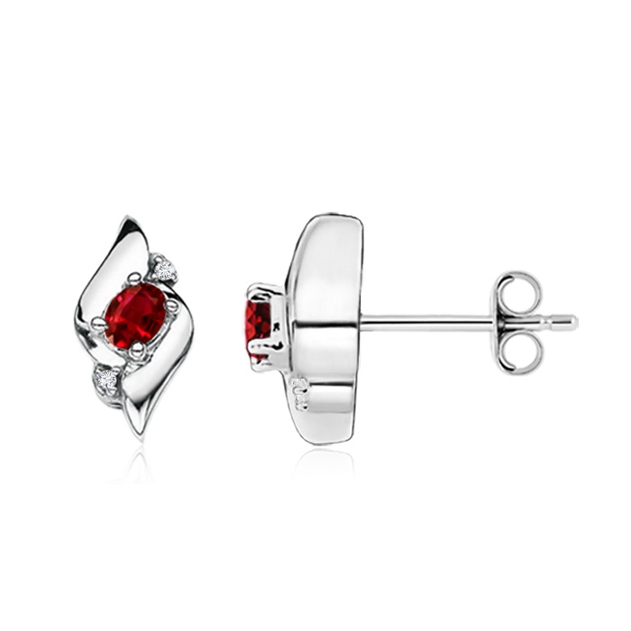 4x3mm AAAA Oval Ruby and Diamond Shell Stud Earrings in S999 Silver
