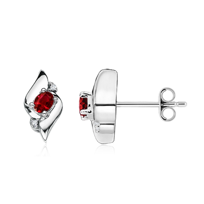 4x3mm AAAA Oval Ruby and Diamond Shell Stud Earrings in S999 Silver 