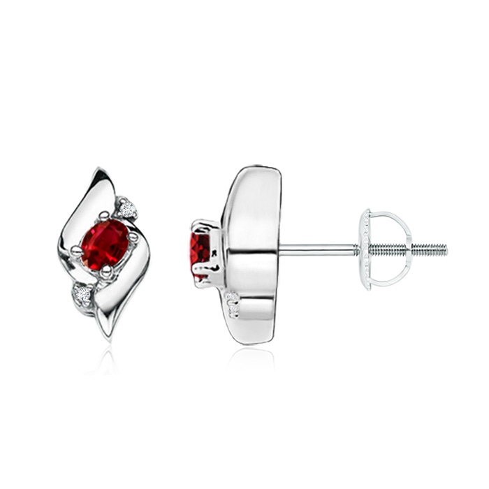 4x3mm AAAA Oval Ruby and Diamond Shell Stud Earrings in White Gold 