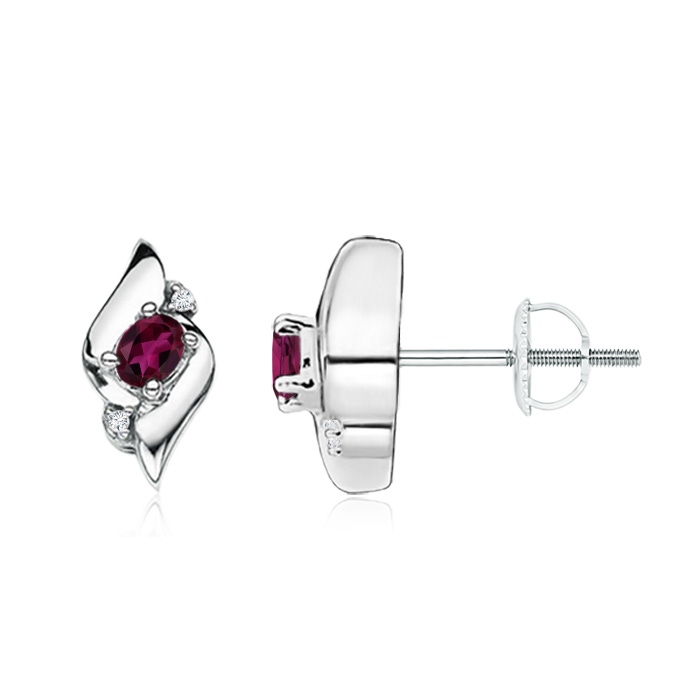4x3mm AAA Oval Rhodolite and Diamond Shell Stud Earrings in White Gold