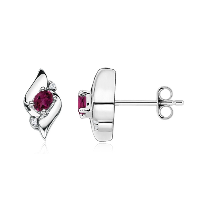 4x3mm AAAA Oval Rhodolite and Diamond Shell Stud Earrings in S999 Silver