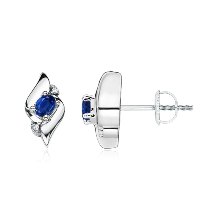 4x3mm AAA Oval Blue Sapphire and Diamond Shell Stud Earrings in 9K White Gold