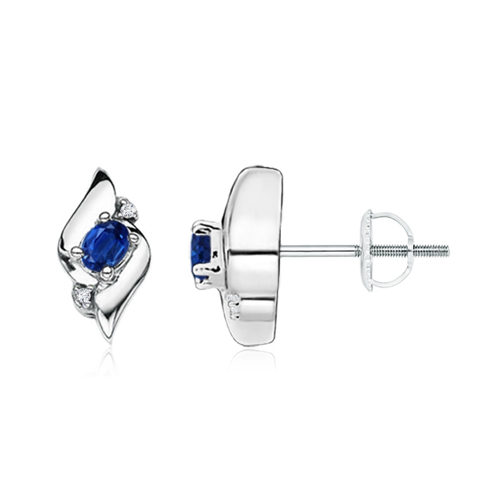 4x3mm AAA Oval Blue Sapphire and Diamond Shell Stud Earrings in 9K White Gold 