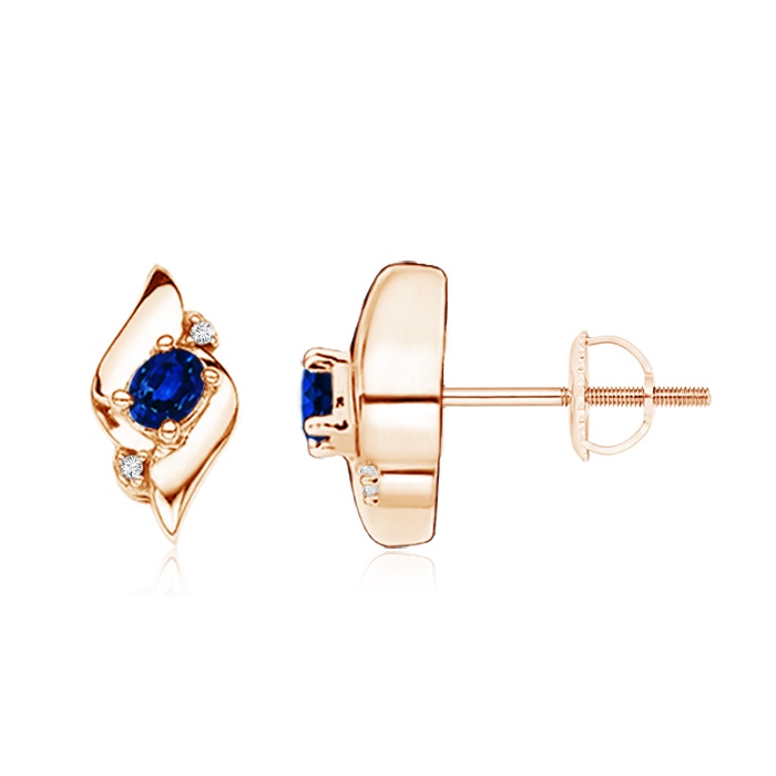 4x3mm AAAA Oval Blue Sapphire and Diamond Shell Stud Earrings in Rose Gold 