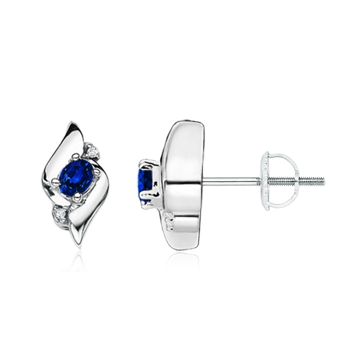 4x3mm AAAA Oval Blue Sapphire and Diamond Shell Stud Earrings in White Gold 