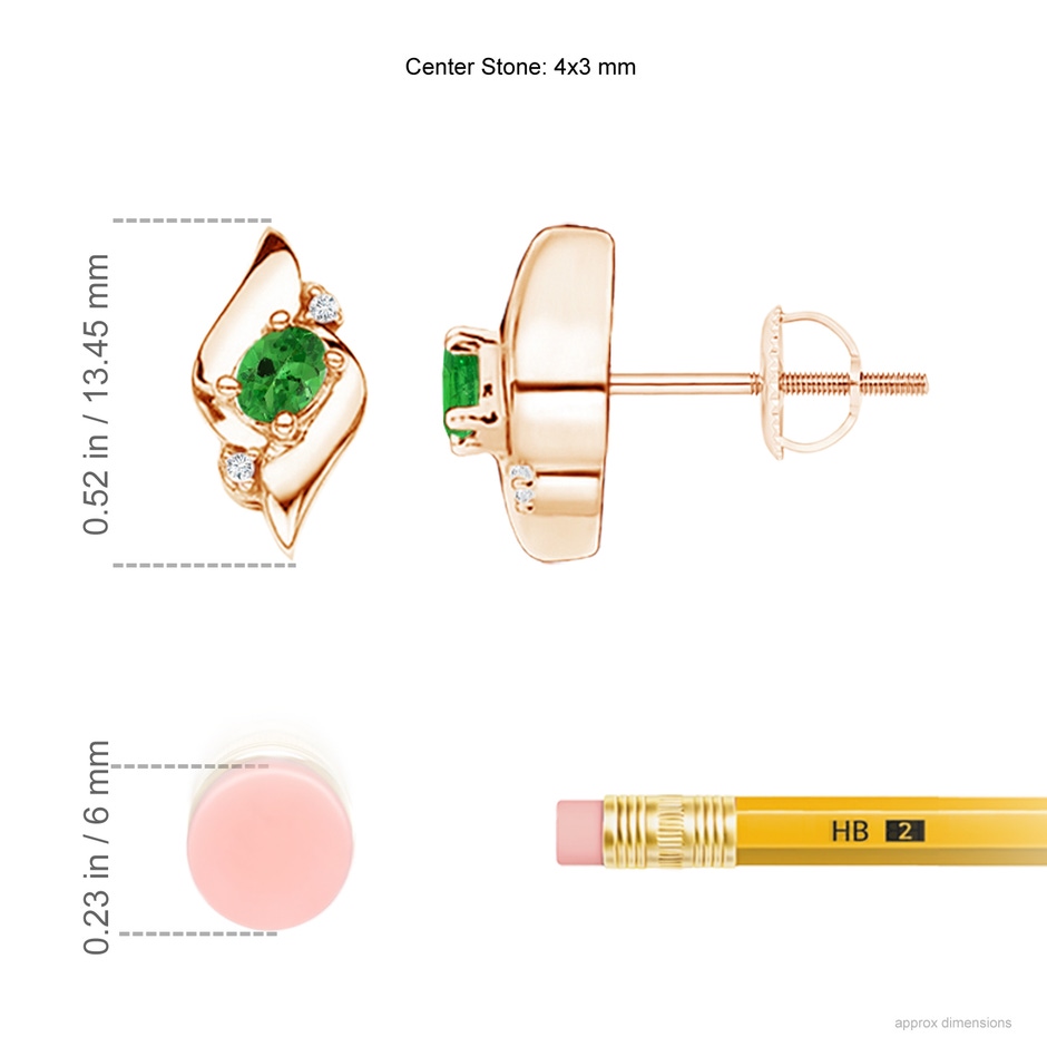 4x3mm AAA Oval Tsavorite and Diamond Shell Stud Earrings in Rose Gold ruler