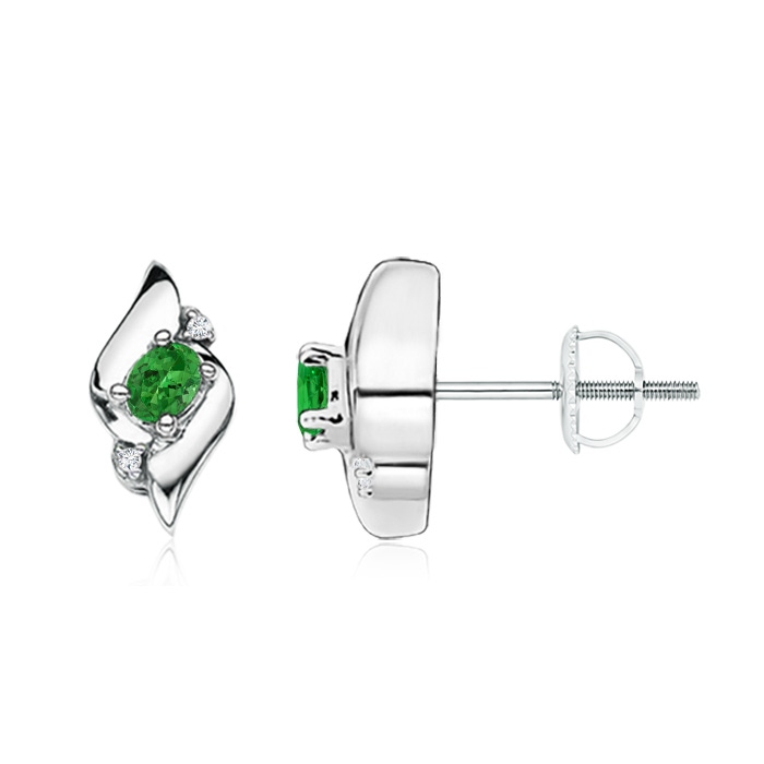 4x3mm AAAA Oval Tsavorite and Diamond Shell Stud Earrings in 18K White Gold
