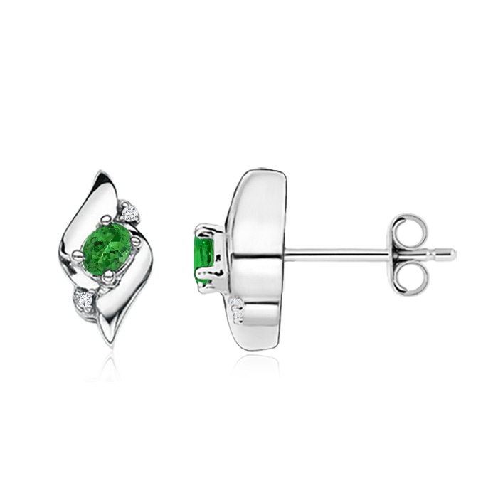 4x3mm AAAA Oval Tsavorite and Diamond Shell Stud Earrings in S999 Silver