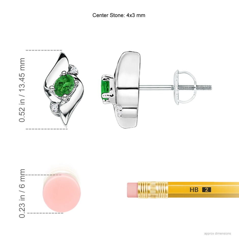 4x3mm AAAA Oval Tsavorite and Diamond Shell Stud Earrings in S999 Silver ruler