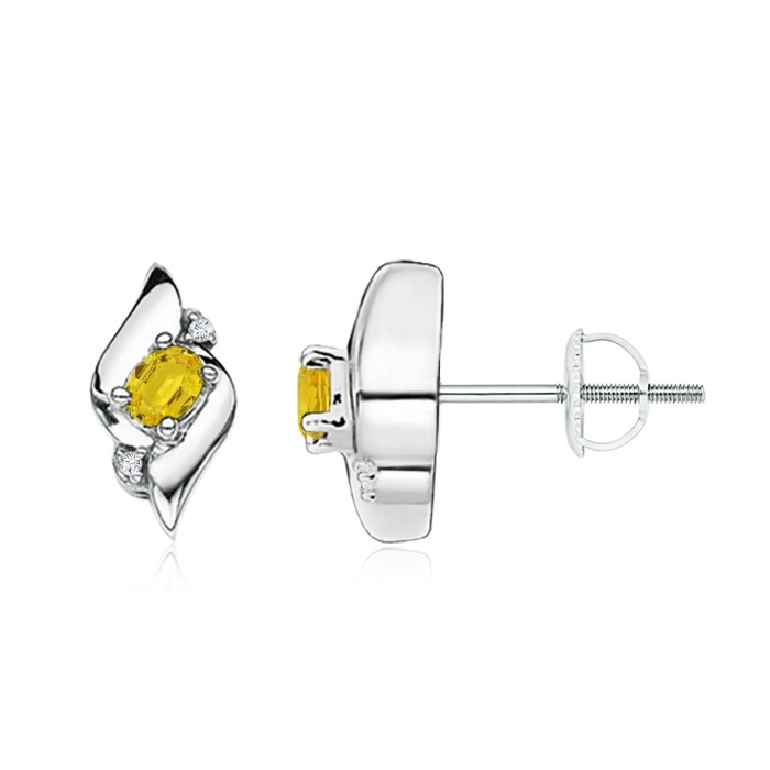 4x3mm AAA Oval Yellow Sapphire and Diamond Shell Stud Earrings in White Gold 