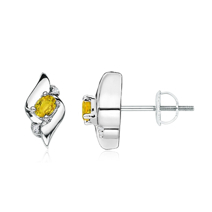 4x3mm AAAA Oval Yellow Sapphire and Diamond Shell Stud Earrings in P950 Platinum