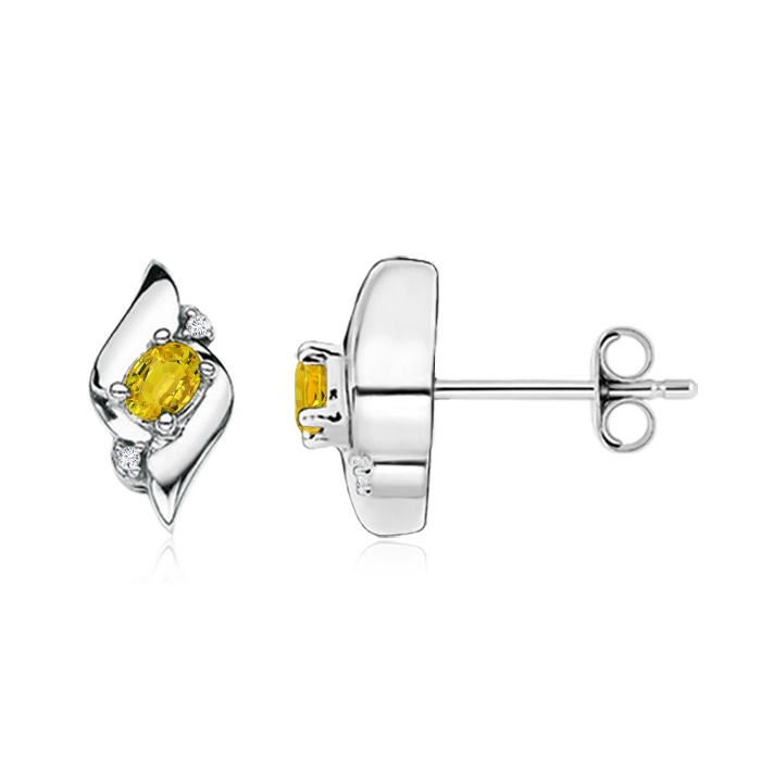4x3mm AAAA Oval Yellow Sapphire and Diamond Shell Stud Earrings in S999 Silver