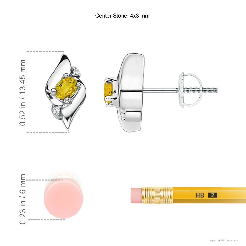 4x3mm AAAA Oval Yellow Sapphire and Diamond Shell Stud Earrings in White Gold Ruler