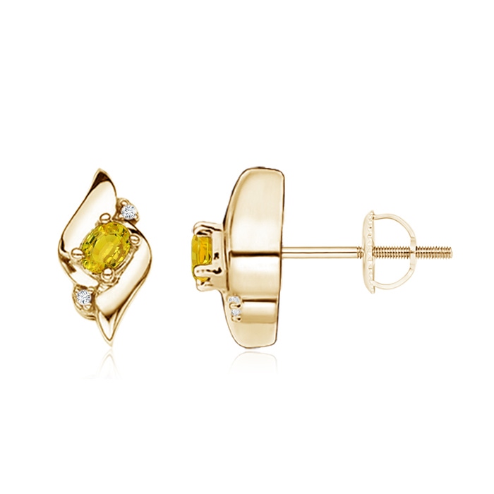4x3mm AAAA Oval Yellow Sapphire and Diamond Shell Stud Earrings in Yellow Gold