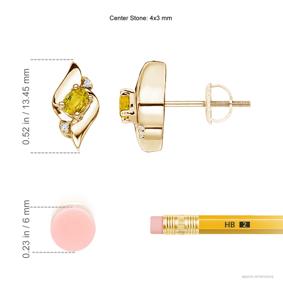 4x3mm AAAA Oval Yellow Sapphire and Diamond Shell Stud Earrings in Yellow Gold ruler