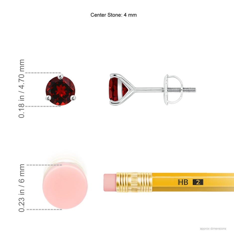 4mm AAAA Martini-Set Round Garnet Stud Earrings in P950 Platinum ruler