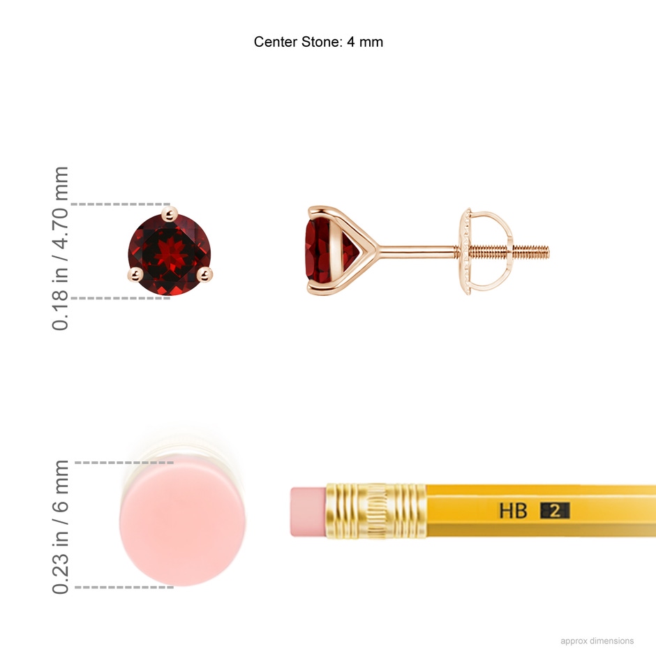 4mm AAAA Martini-Set Round Garnet Stud Earrings in Rose Gold ruler