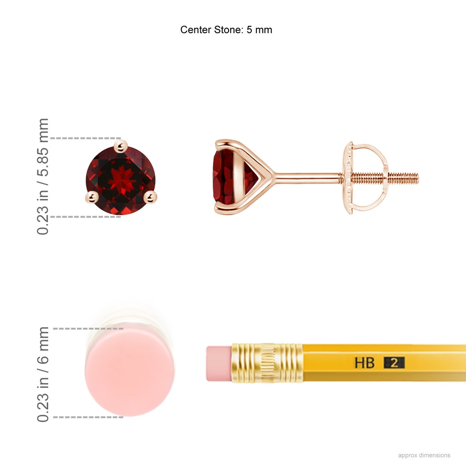 5mm AAAA Martini-Set Round Garnet Stud Earrings in Rose Gold ruler