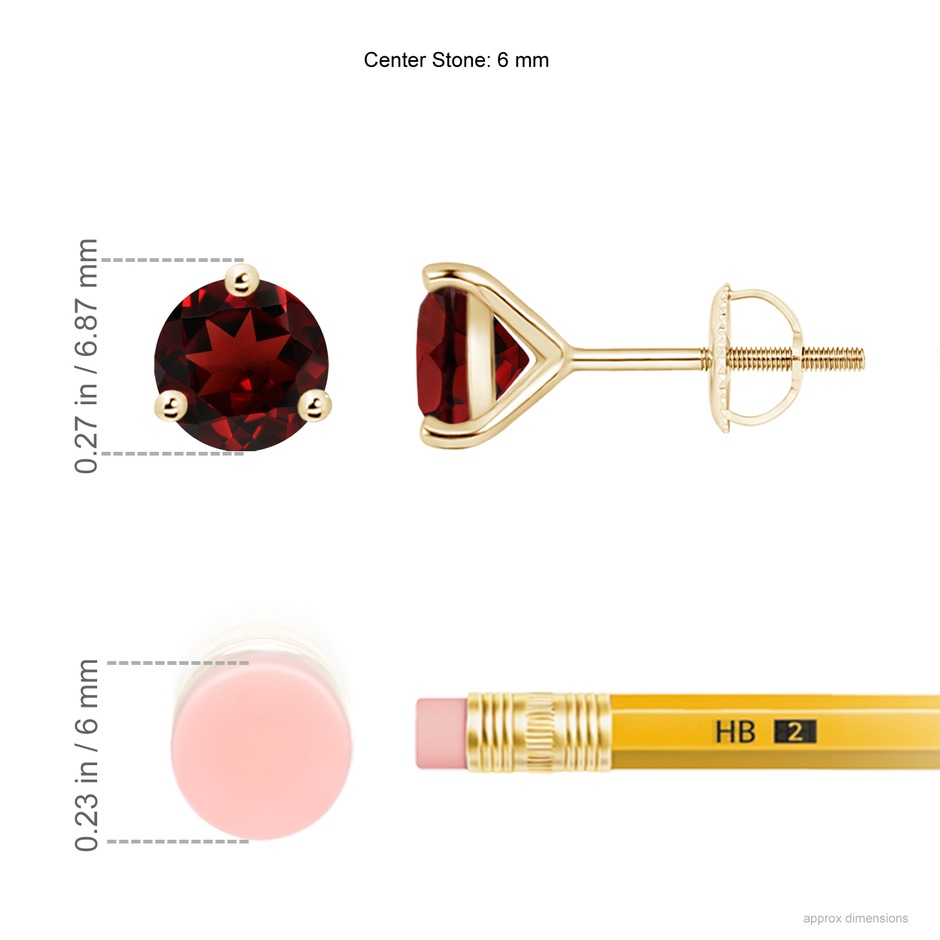 6mm AAA Martini-Set Round Garnet Stud Earrings in 10K Yellow Gold ruler