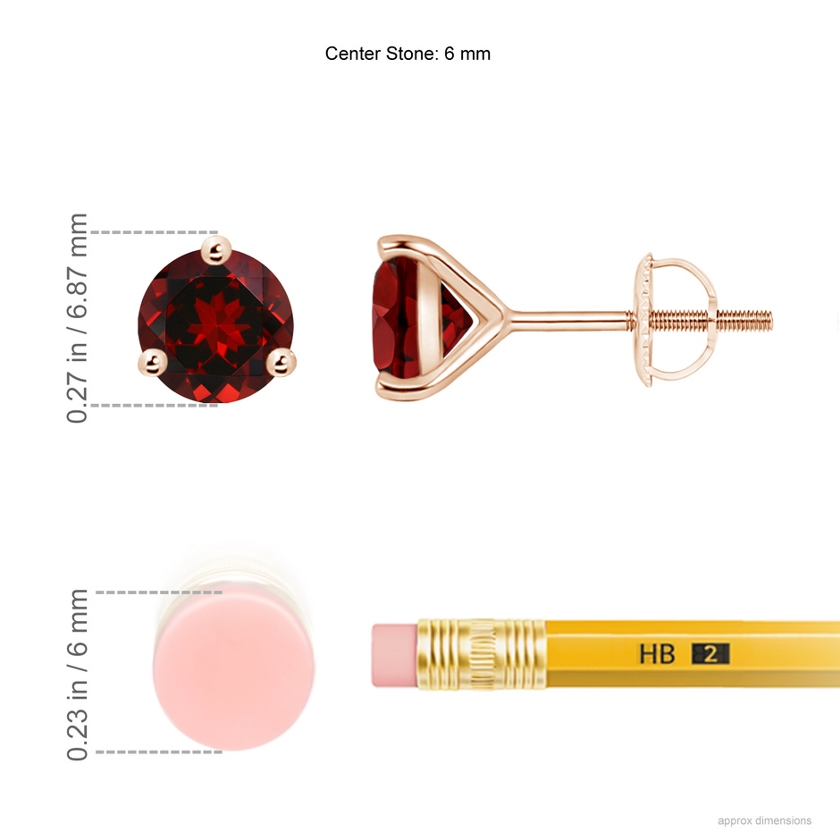 6mm AAAA Martini-Set Round Garnet Stud Earrings in Rose Gold ruler