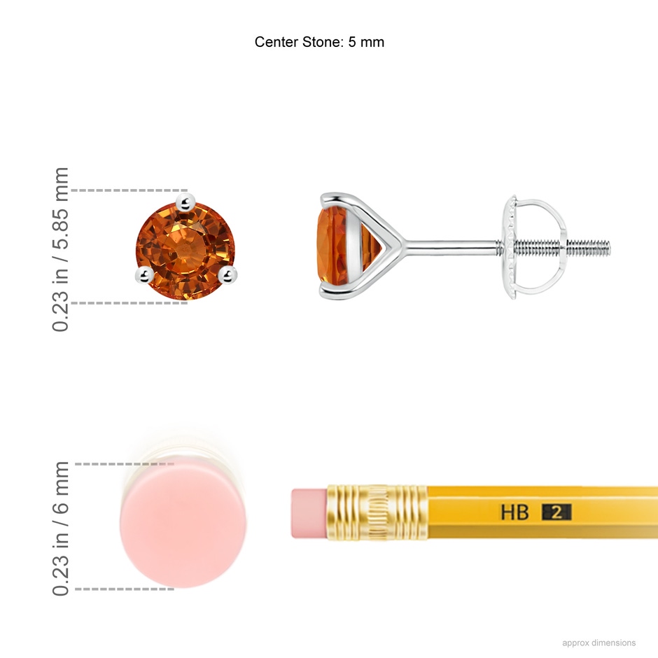 5mm AAAA Martini-Set Round Orange Sapphire Stud Earrings in P950 Platinum ruler