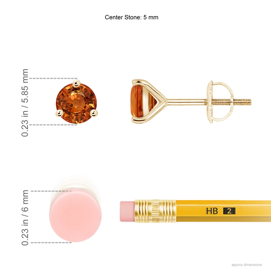 5mm AAAA Martini-Set Round Orange Sapphire Stud Earrings in Yellow Gold ruler