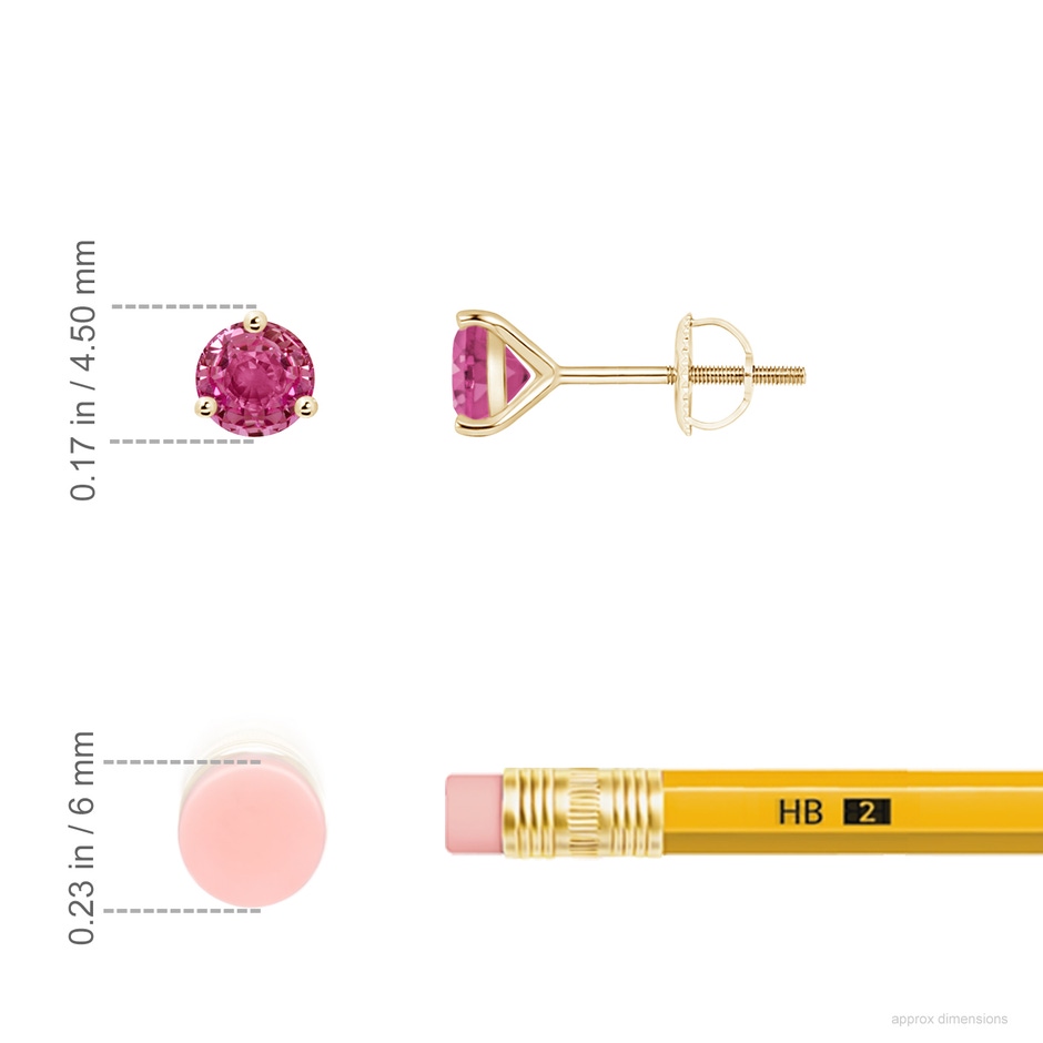 4mm AAAA Martini-Set Round Pink Sapphire Stud Earrings in Yellow Gold ruler