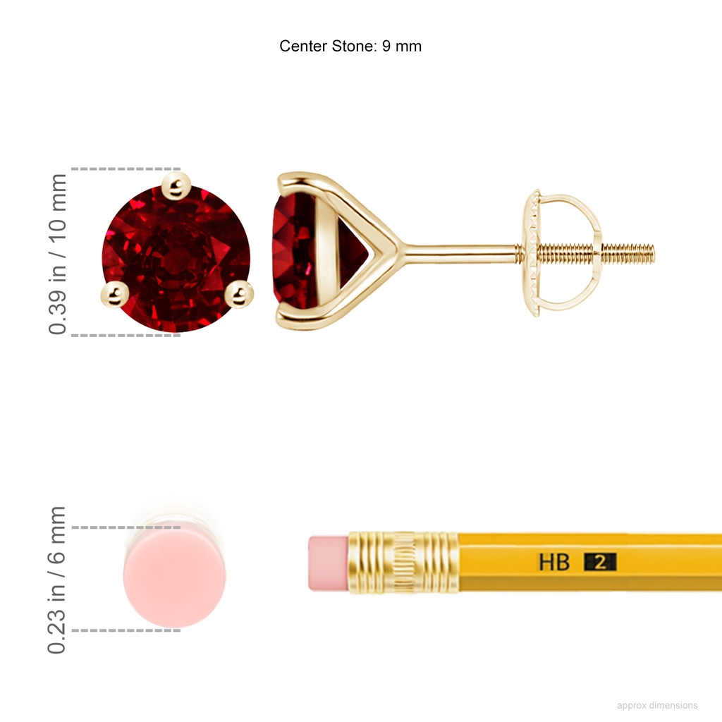 9mm AAAA Martini-Set Round Ruby Stud Earrings in Yellow Gold ruler
