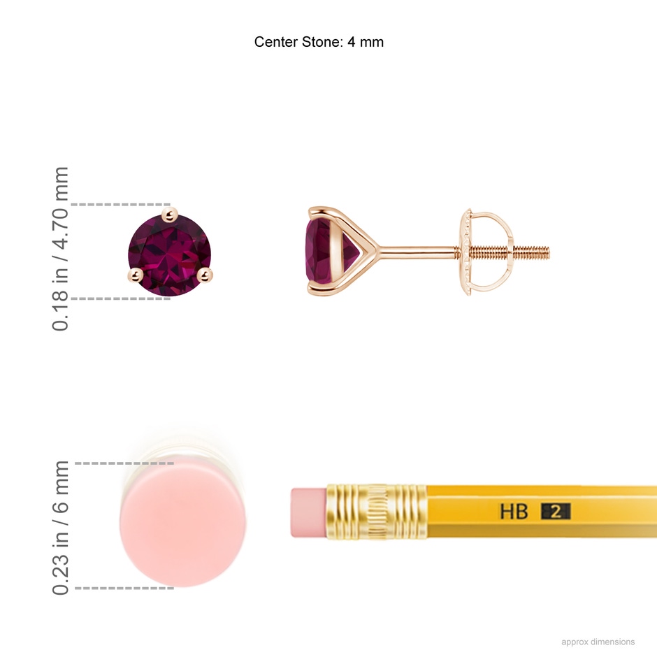 4mm AAAA Martini-Set Round Rhodolite Stud Earrings in Rose Gold ruler