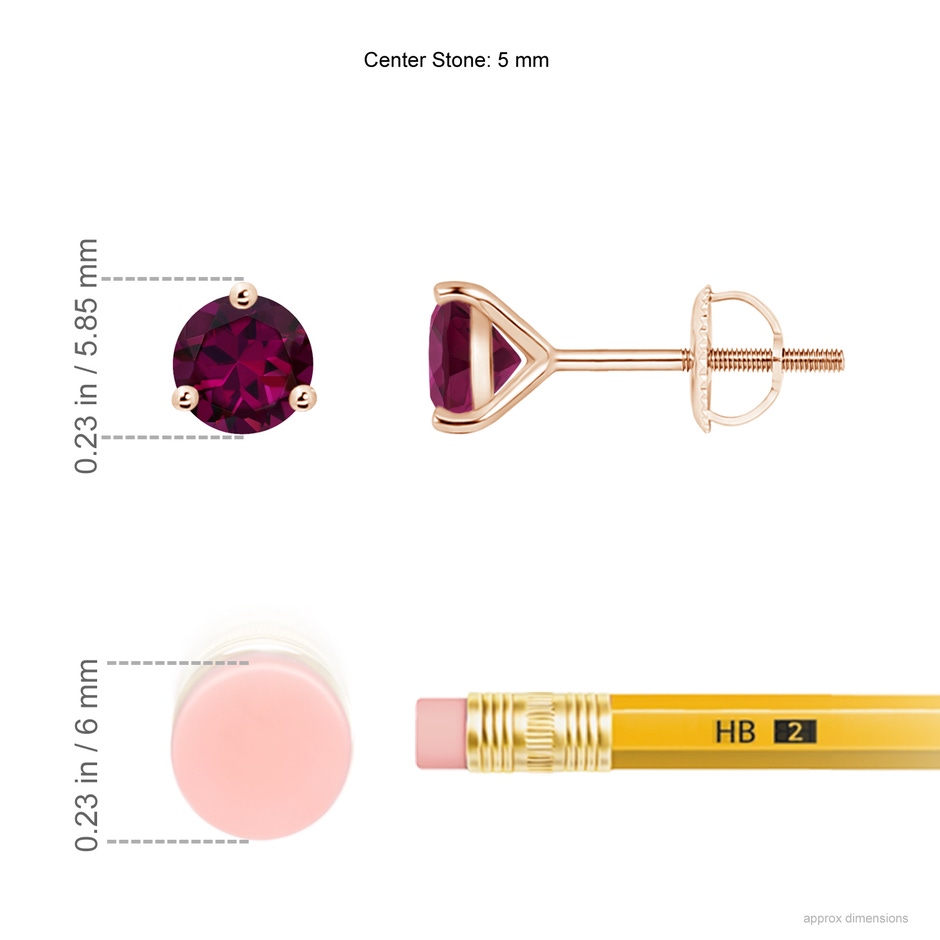 5mm AAAA Martini-Set Round Rhodolite Stud Earrings in Rose Gold ruler