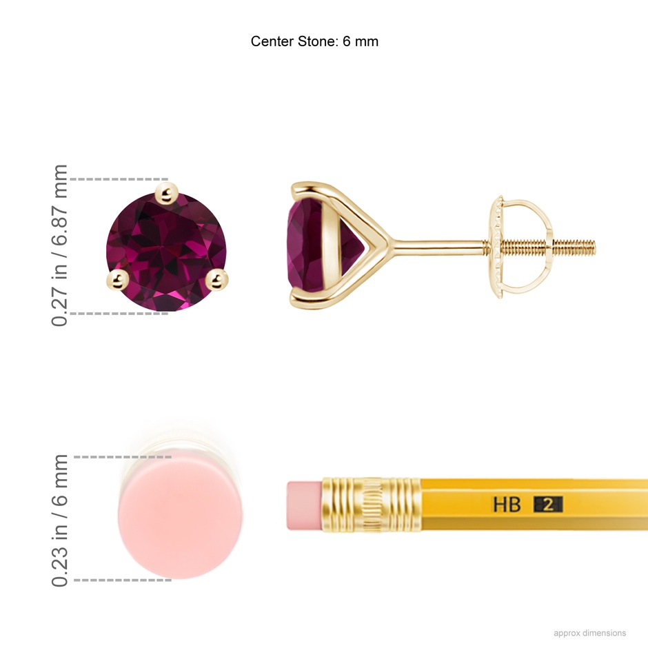 6mm AAA Martini-Set Round Rhodolite Stud Earrings in 18K Yellow Gold ruler