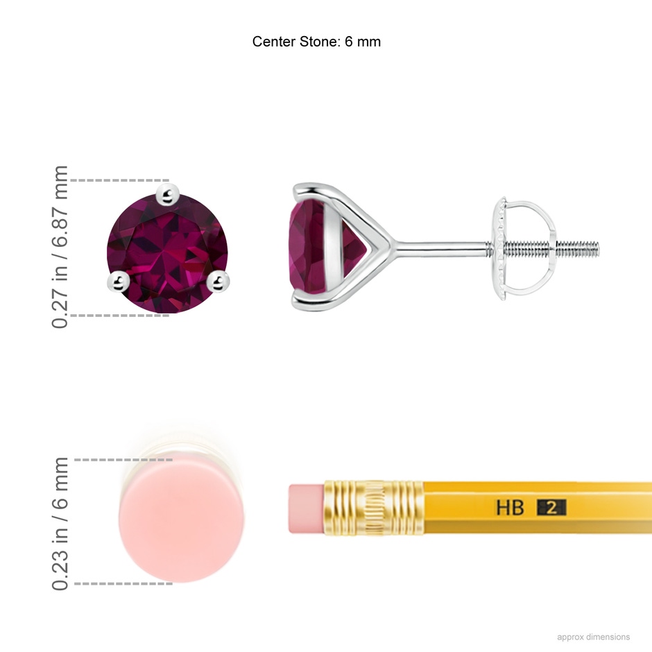 6mm AAAA Martini-Set Round Rhodolite Stud Earrings in P950 Platinum ruler