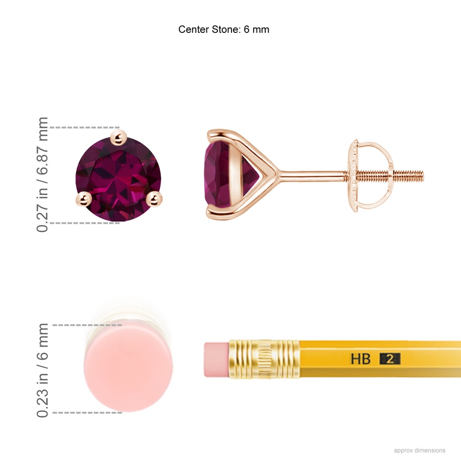 6mm AAAA Martini-Set Round Rhodolite Stud Earrings in Rose Gold ruler