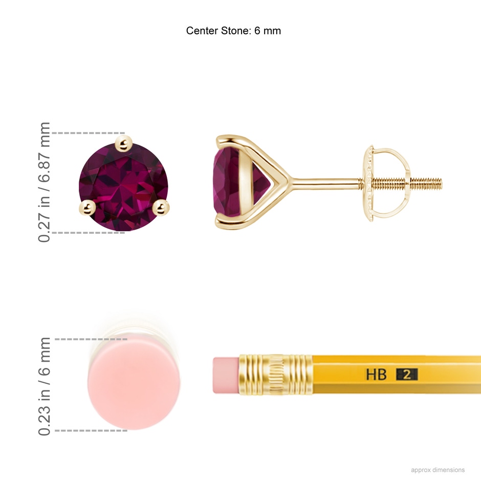 6mm AAAA Martini-Set Round Rhodolite Stud Earrings in Yellow Gold ruler