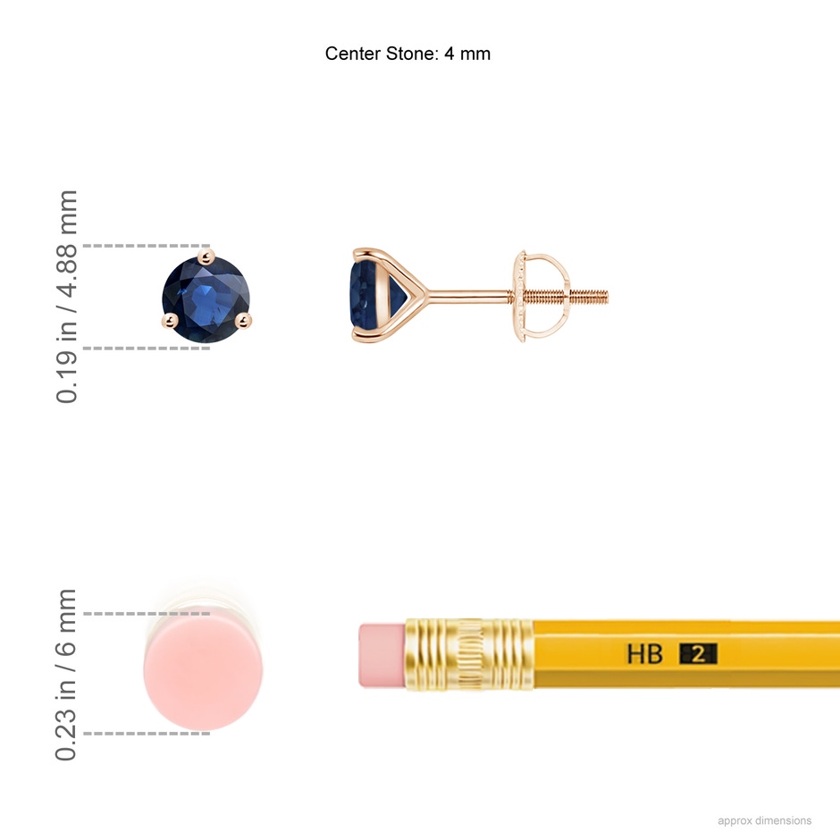 4mm AA Martini-Set Round Blue Sapphire Stud Earrings in Rose Gold ruler