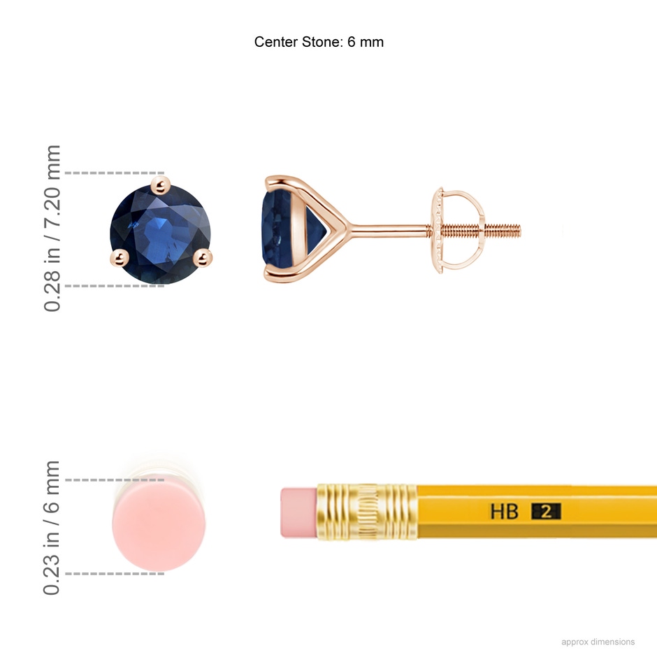 6mm AA Martini-Set Round Blue Sapphire Stud Earrings in Rose Gold ruler
