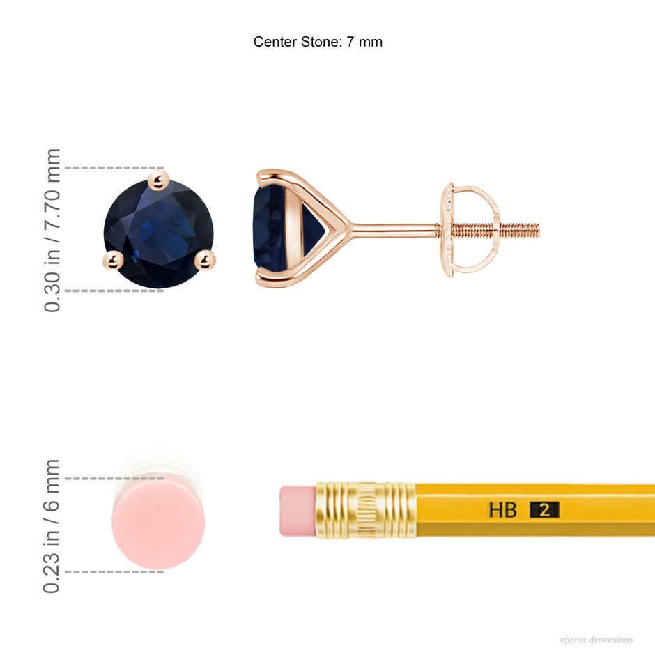 7mm A Martini-Set Round Blue Sapphire Stud Earrings in Rose Gold ruler
