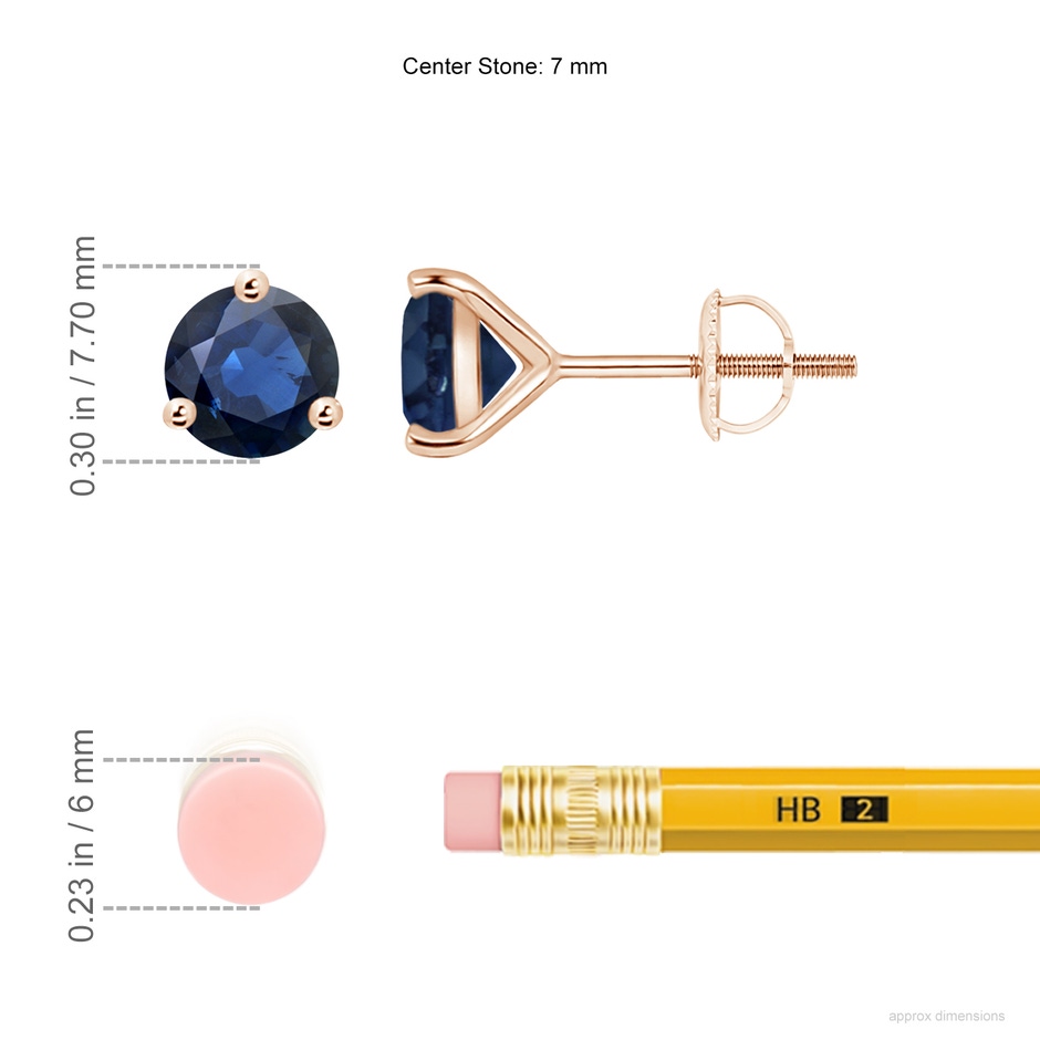 7mm AA Martini-Set Round Blue Sapphire Stud Earrings in Rose Gold ruler