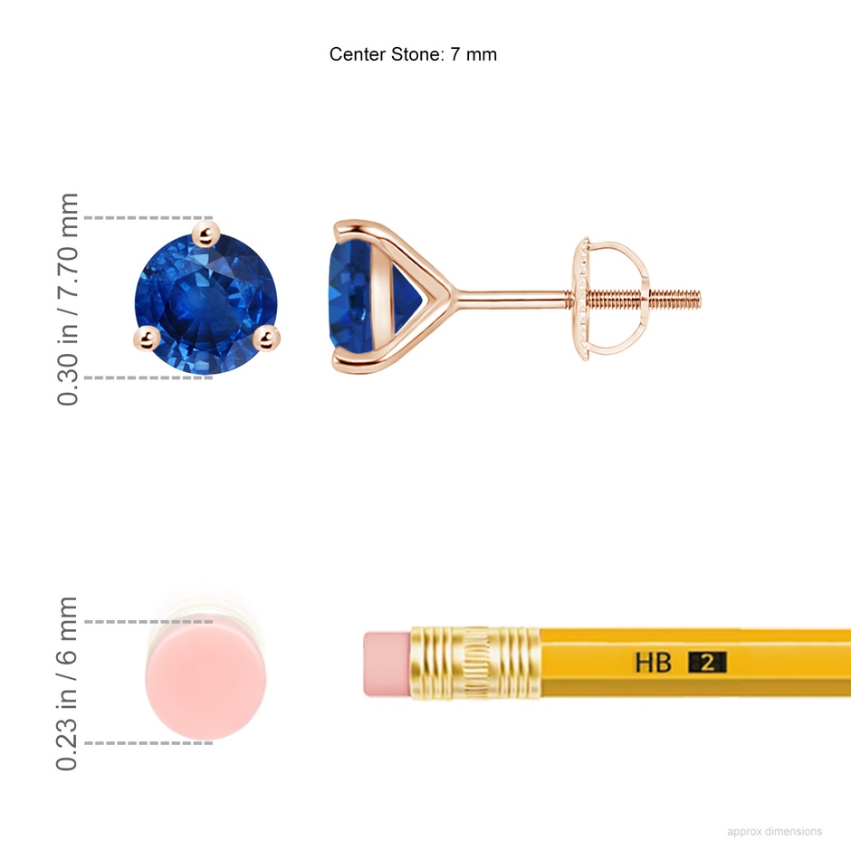 7mm AAA Martini-Set Round Blue Sapphire Stud Earrings in Rose Gold ruler