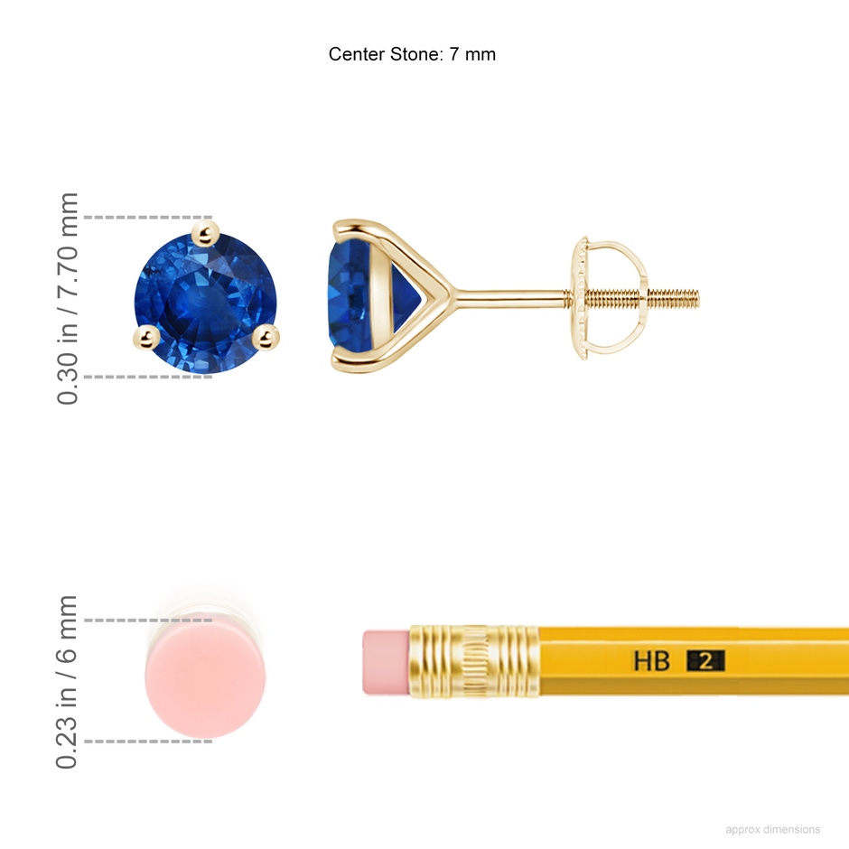 7mm AAA Martini-Set Round Blue Sapphire Stud Earrings in Yellow Gold ruler