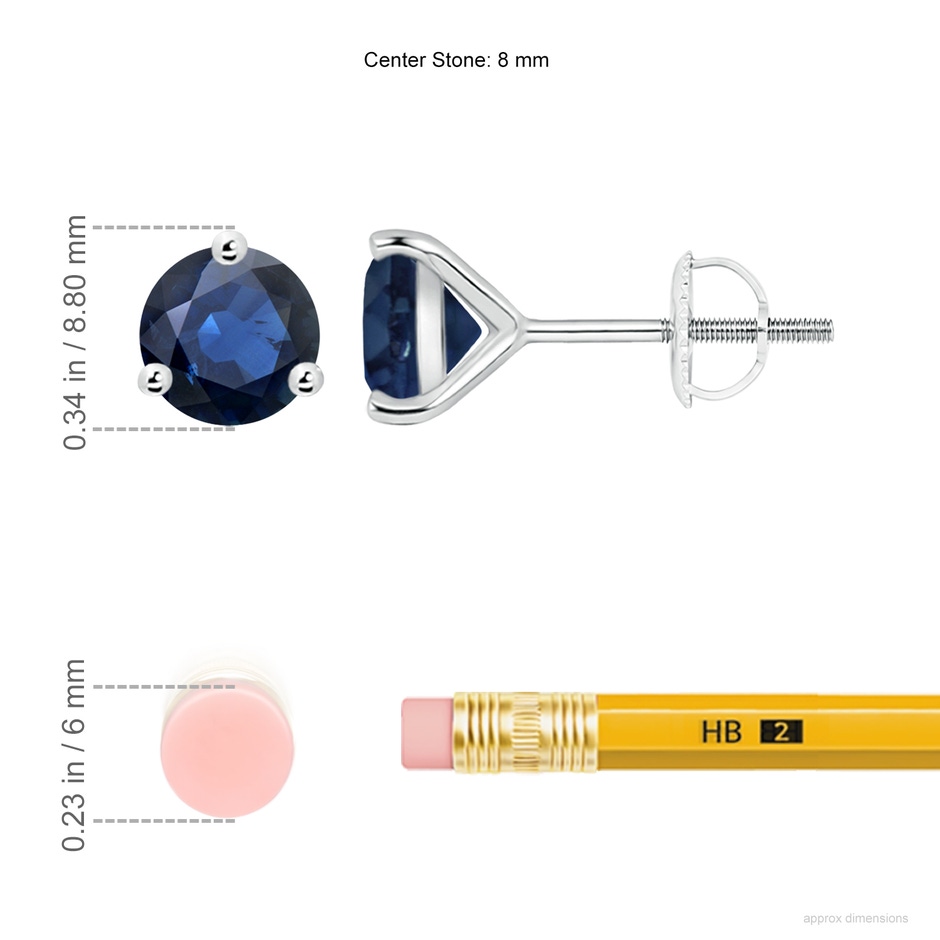 8mm AA Martini-Set Round Blue Sapphire Stud Earrings in P950 Platinum ruler
