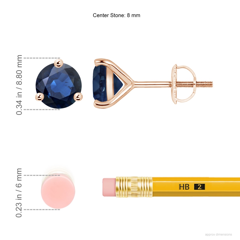 8mm AA Martini-Set Round Blue Sapphire Stud Earrings in Rose Gold ruler