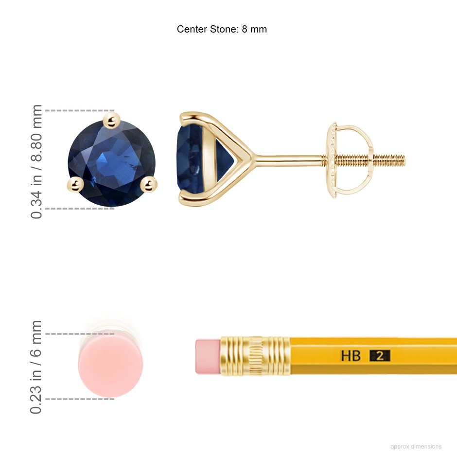 8mm AA Martini-Set Round Blue Sapphire Stud Earrings in Yellow Gold ruler