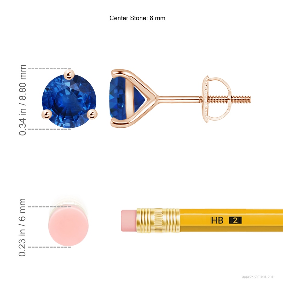 8mm AAA Martini-Set Round Blue Sapphire Stud Earrings in Rose Gold ruler