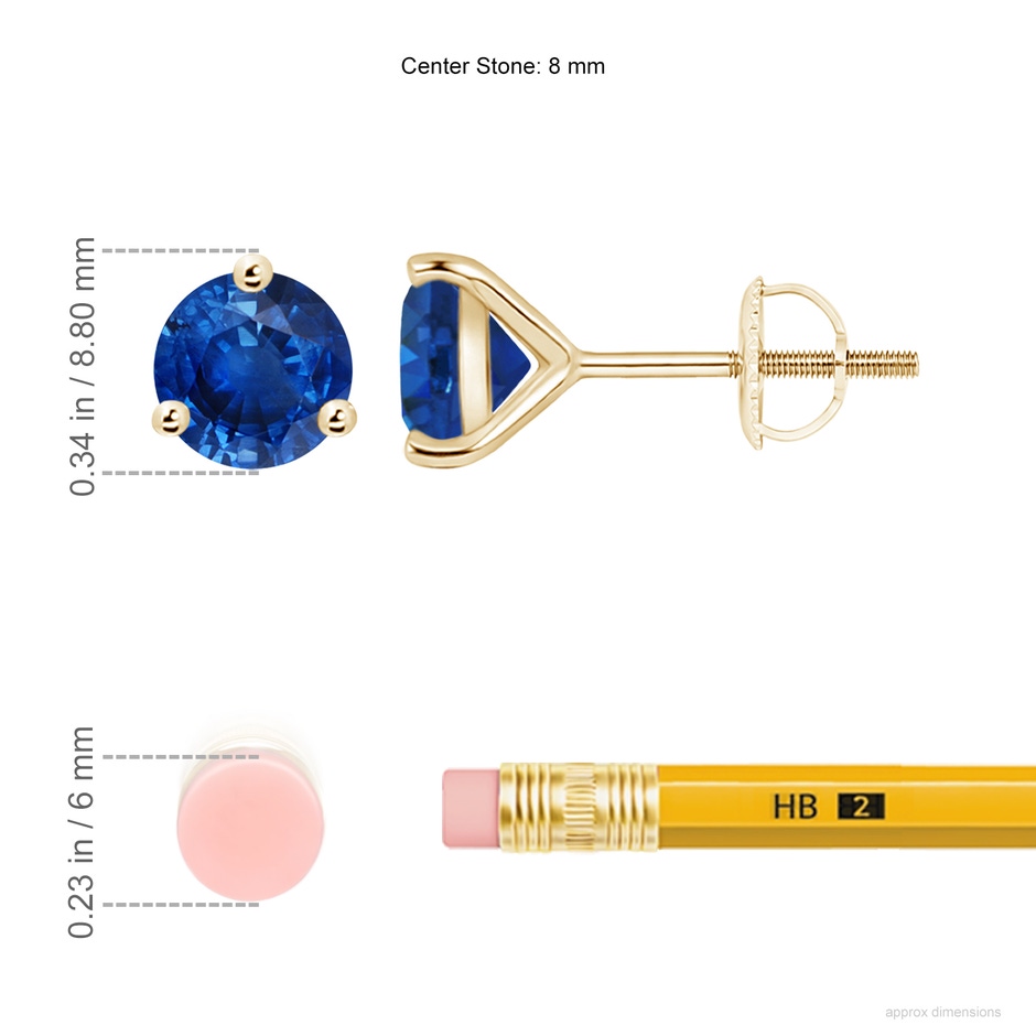 8mm AAA Martini-Set Round Blue Sapphire Stud Earrings in Yellow Gold ruler
