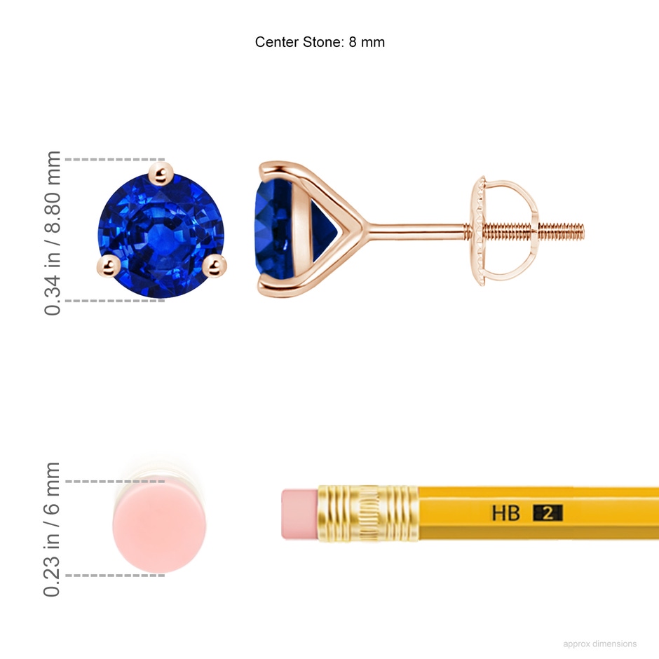 8mm AAAA Martini-Set Round Blue Sapphire Stud Earrings in 18K Rose Gold ruler
